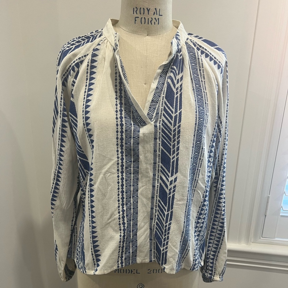 Elegant Blue and White Geometric Blouse